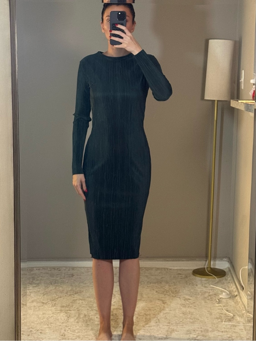 Boohoo Black Long-Sleeve Ribbed Midi Dress